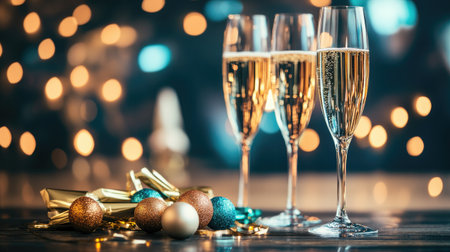 A festive background of sparkling lights and colorful decorations, perfect for ringing in the New Year with joy and excitementの素材