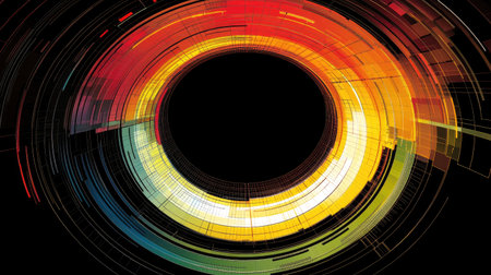 A futuristic graphic of a circular data visualization chart, with glowing segments in vibrant colors rotating in a digital spaceの素材