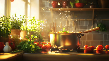 A heavy-duty cooking pot on a stove with a wooden spoon resting inside, surrounded by fresh ingredients and a warm kitchen glowの素材