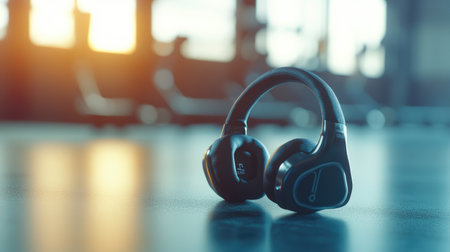A pair of sporty, sweat-resistant headphones on a table, ready for workout use, with an emphasis on their rugged designの素材