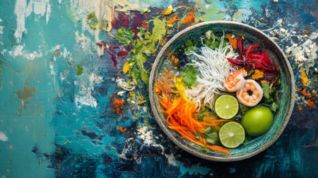 A vibrant seafood noodle bowl artfully arranged with shrimp, herbs, and fresh vegetables. The colorful presentation highlights the dish's freshness and culinary appeal.の素材