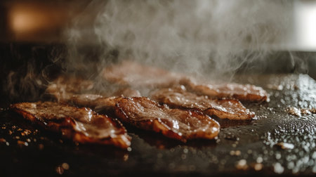 Steaming strips of bacon sizzle on a hot griddle, releasing a savory aroma. Perfect for food enthusiasts seeking mouthwatering breakfast imagery.の素材