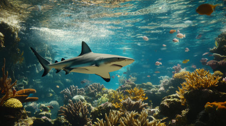 A mesmerizing scene captures a shark gliding through a vibrant coral reef, surrounded by colorful fish. This underwater paradise showcases rich marine biodiversity and the beauty of ocean life.の素材