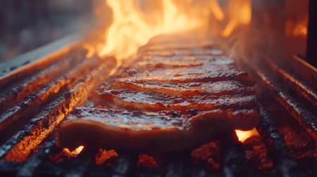 A close-up of juicy meat grilling over vibrant flames, showcasing sizzling texture and rich flavor. Perfect for summer barbecue and food preparation themes.の素材