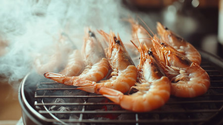 Juicy shrimp sizzling on a grill, surrounded by aromatic smoke, ideal for summer gatherings. Perfect for food lovers seeking vibrant seafood.の素材
