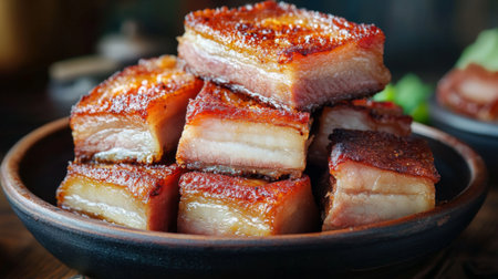 A close-up view of crispy pork belly stacked on a dark plate, garnished with green herbs. This dish showcases rich textures and flavors, perfect for any meal.の素材