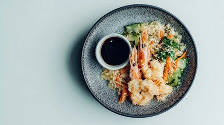 A plate of tempura shrimp served with a colorful medley of shredded vegetables and dipping sauce, placed on a clean white background for a minimalist lookの素材