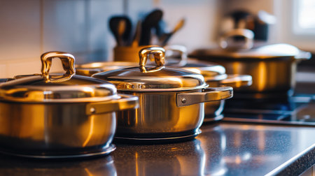 A set of kitchen pots and pans, stacked neatly on a countertop, with soft light highlighting their metallic surfaces and cooking readinessの素材