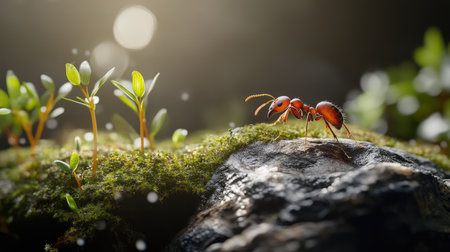 A single ant on a rock, with clear details of its body, surrounded by moss and small plants, showing its natural habitatの素材