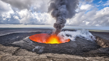 A powerful eruption of a volcano, with lava pouring out from the crater and a dark plume of smoke rising into the sky, set against a stormy backdropの素材