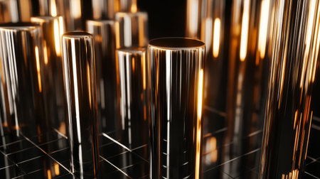 This stunning abstract image captures metallic cylinders reflecting light, creating a unique interplay of texture, depth, and modern design aesthetics.の素材