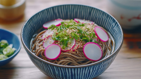 A vibrant bowl of soba noodles garnished with radish slices and sesame seeds. Perfect for a healthy meal or a side dish, this image showcases delicious and colorful Japanese cuisine.の素材