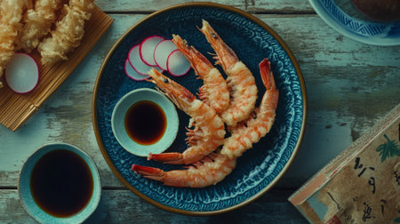 An appetizing top view of fresh cooked shrimp arranged on a blue plate, accompanied by dipping sauces and garnished with radish slices, creating a delightful culinary presentation.の素材