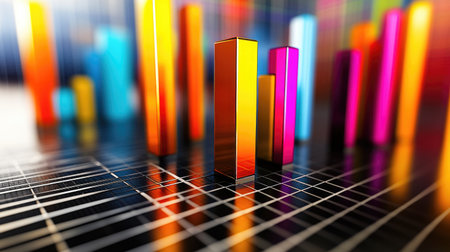 A close-up view of a 3D bar chart with sleek, metallic bars rising from a grid floor, showcasing financial performance in vivid colorsの素材