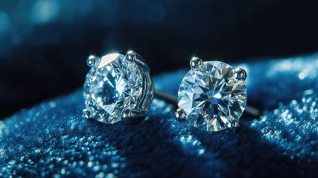 A close-up of elegant diamond earrings resting on a soft velvet surface, with the diamonds sparkling under soft lightingの素材