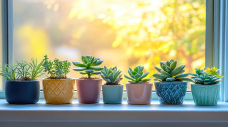 A neatly arranged set of small ceramic planters with succulent plants, placed on a windowsill with soft sunlight streaming inの素材