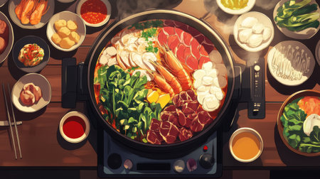 A vibrant hot pot filled with fresh ingredients like meat, seafood, and vegetables on a wooden table, evoking a warm and inviting dining experience.の素材