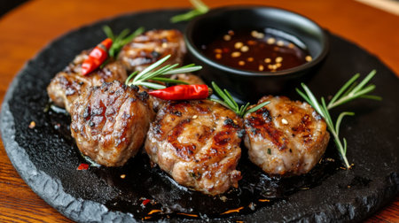 A delicious grilled meat platter featuring tender cuts garnished with chili and rosemary on a black slate plate, served with a flavorful dipping sauce.の素材