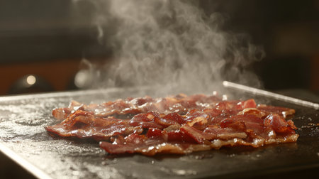 Close-up of bacon strips cooking on a hot griddle, emitting steam. Perfect for food lovers, this image captures the mouthwatering appeal of crispy bacon.の素材