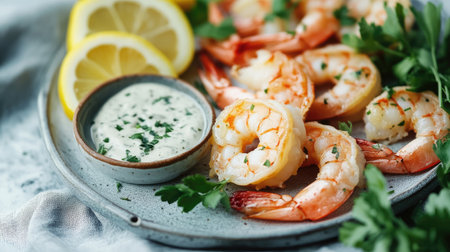 A side view of tempura shrimp resting on a plate with dipping sauce, accompanied by slices of fresh lemon and delicate green herbs for decorationの素材