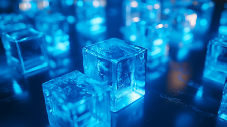 Explore the mesmerizing beauty of illuminated ice cubes set against a dark background. The vibrant blue glow adds a cold, refreshing touch to any beverage or cocktail scene.の素材