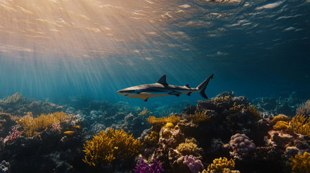 A graceful shark glides through a vibrant coral reef, illuminated by sunlight. This serene underwater scene showcases the beauty of marine life and aquatic ecosystems.の素材