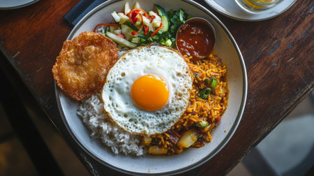 A vibrant plate featuring a fried egg atop flavorful rice, paired with fresh vegetables and a spicy sauce, perfect for any meal of the day.の素材