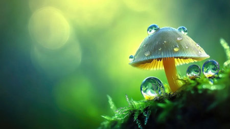 A single mushroom with glistening water drops on its cap, resting on a natural surface with soft lighting and a blurred green backgroundの素材