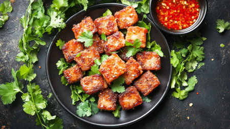 Enjoy a plate of crispy fried tofu cubes garnished with fresh herbs, served with a spicy dip sauce, perfect for a savory appetizer or a delightful snack.の素材
