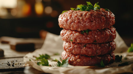 A stack of fresh ground beef with a rich red color, placed on parchment paper and garnished with parsley leaves, ready for cookingの素材