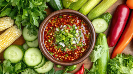 A top-down view of a wooden table with a bowl of Thai chili dip surrounded by fresh, crisp vegetables like cucumbers, baby corn, and green beansの素材