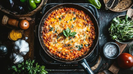 A top-down view of a frying pan on a stovetop with a perfectly cooked meal inside, surrounded by fresh ingredients and kitchen toolsの素材