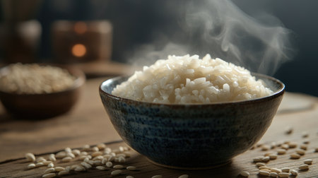 A top-down view of steaming hot rice in a rustic ceramic bowl, placed on a wooden table with scattered grains around for an artistic touchの素材