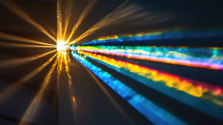 An abstract close-up of refracted light creating rainbow streaks against a black background, evoking the dispersion of light at high speedsの素材