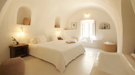 A tranquil bedroom with white walls and white bedding, accentuated by soft lighting and simple furniture, promoting a peaceful sleep environmentの素材