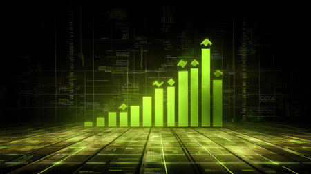 A 3D stock chart with upward-trending green lines, arrows, and financial data points. The chart hovers over a digital financial interface filled with market statistics.の素材