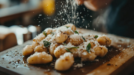 A close-up of homemade gnocchi drizzled with sage butter, sprinkled with parmesan cheese, on a wooden cutting board, showcasing Italian comfort foodの素材