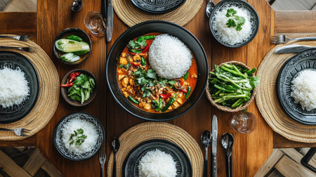 A beautifully arranged dining table featuring a bowl of tom yum goong as the centerpiece, surrounded by rice and fresh vegetables, inviting communal enjoymentの素材