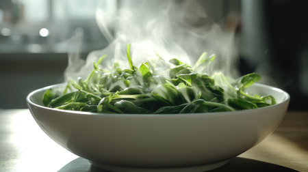 A beautifully styled bowl of stir-fried water spinach with steam rising, emphasizing its freshness and inviting viewers to experience the flavorsの素材
