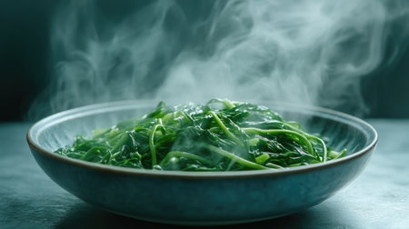 A beautifully styled bowl of stir-fried water spinach with steam rising, emphasizing its freshness and inviting viewers to experience the flavorsの素材