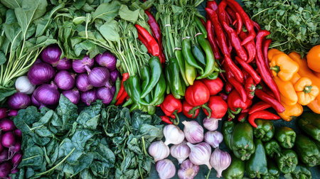 A colorful array of fresh ingredients for stir-frying water spinach, including garlic, chili, and seasoning, ready to be cooked, emphasizing freshnessの素材