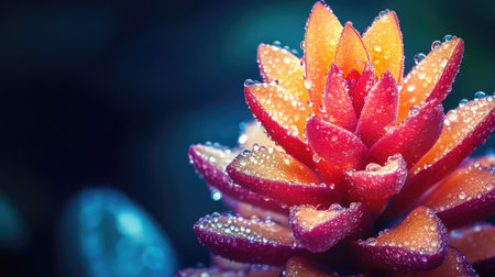 A dramatic close-up of a tropical flower with vivid colors, showcasing water droplets that enhance its beauty, set against a contrasting dark backgroundの素材