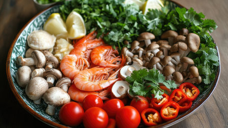 A colorful platter of fresh ingredients for tom yum soup, including shrimp, mushrooms, and herbs, ready to be cooked, highlighting the dish's freshnessの素材