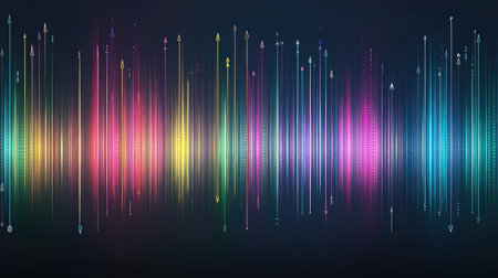 A glowing 3D bar chart in metallic colors, floating above a dark background with digital data points and arrows indicating upward trends, symbolizing business success.の素材