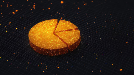A glowing 3D pie chart with metallic tones, hovering over a dark, grid-like background. The slices expand outward, symbolizing data-driven insights and market analysis.の素材