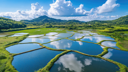 An aerial view of vast rice paddies arranged in beautiful patterns, reflecting the blue sky and fluffy white clouds above, showcasing the beauty of agricultureの素材