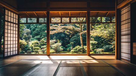 A tranquil view of a traditional Japanese home with wooden beams and tatami mat flooring, illuminated by soft natural light streaming through paper windowsの素材