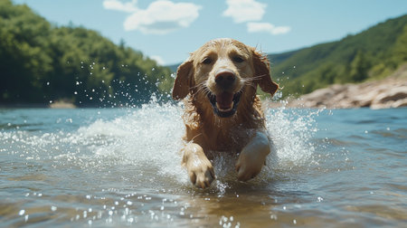 Golden retriever splashing through a shallow lake, water droplets mid-air, joyful expression, bright sunny dayの素材