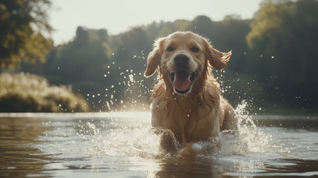 Golden retriever splashing through a shallow lake, water droplets mid-air, joyful expression, bright sunny dayの素材