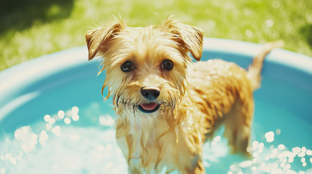 Small terrier standing in a kiddie pool, water up to its chest, wagging tail, bright sunny day outdoorsの素材